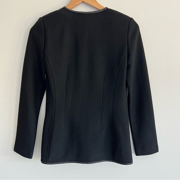 ST. JOHN Black Wool Blend Leather Trim Waist Tie Long Sleeve Jacket Blazer Sz 2 - Picture 6 of 16